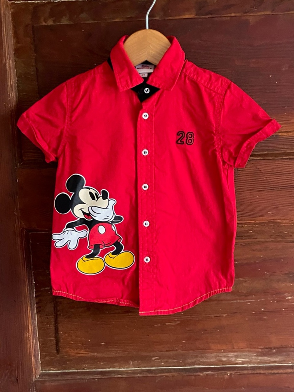 Vintage Unique Mickey Mouse Button-Down Shirt, Bright Red, 28 Mouse Ears on Back